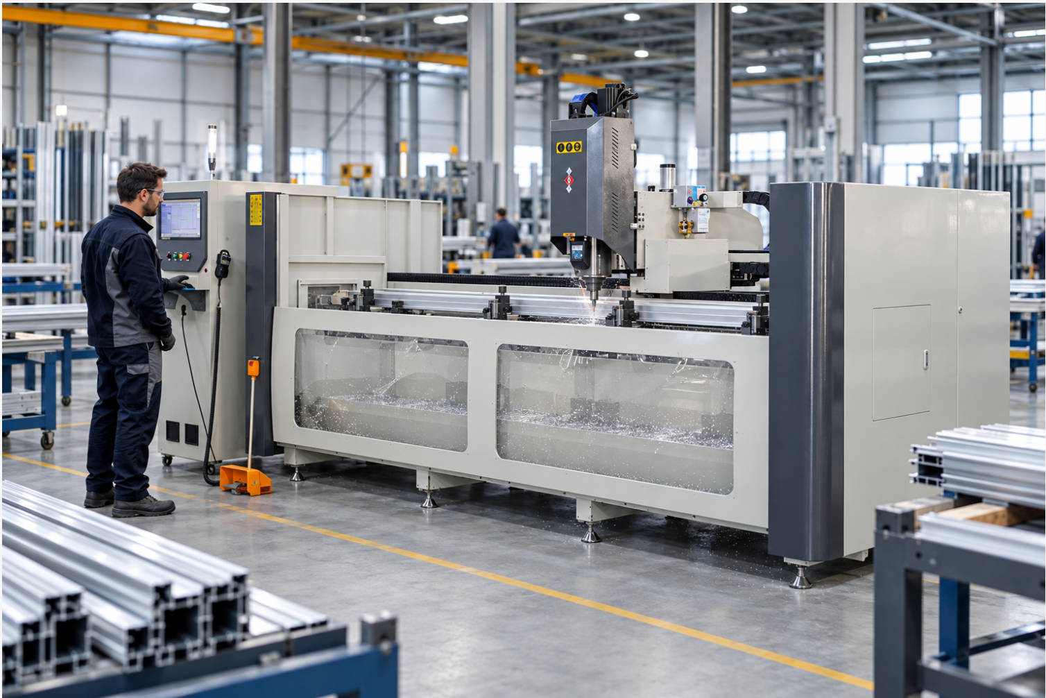 Production scene showing a long aluminium profile inside a CNC machining center
