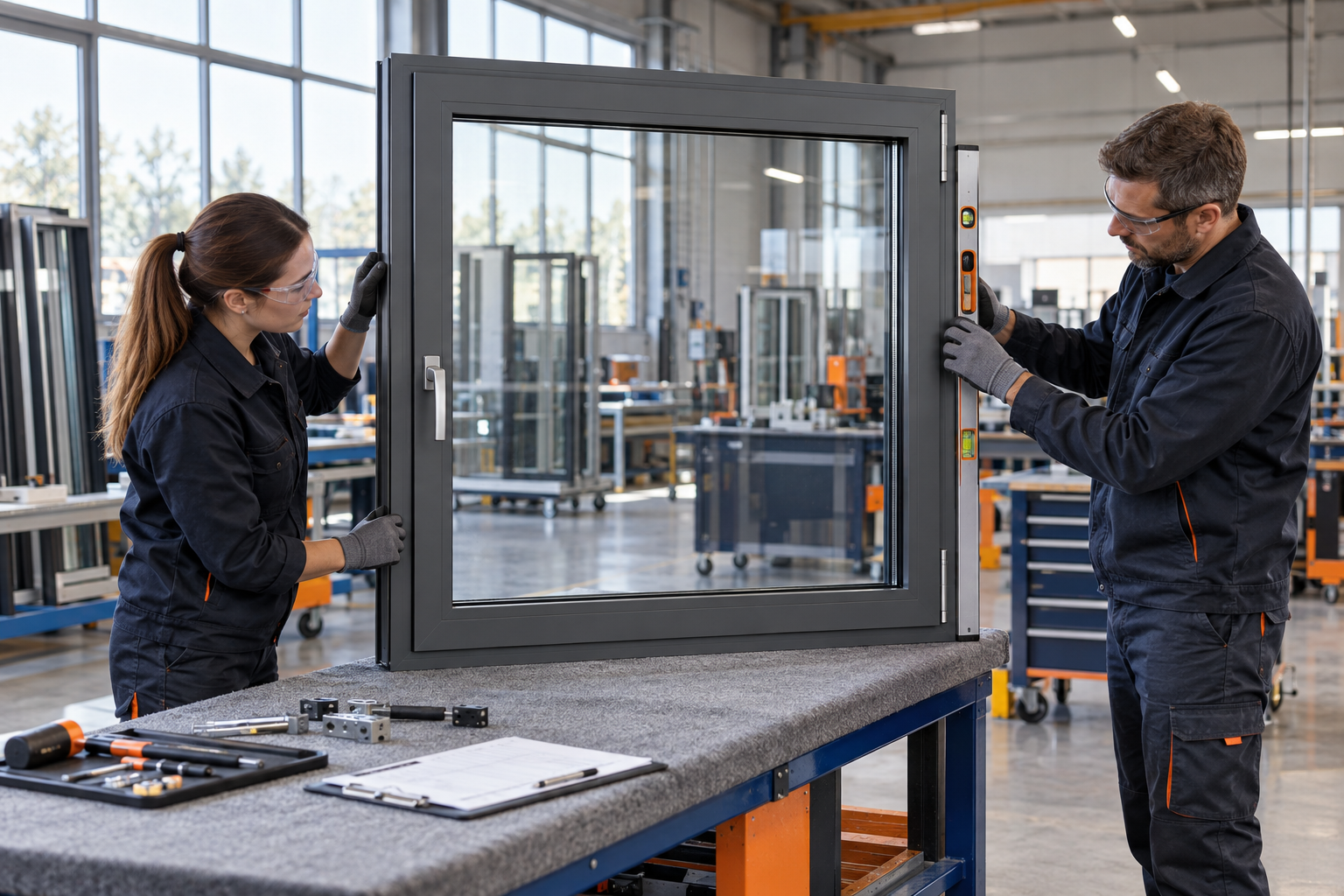 Illustrative production scene showing technicians inspecting a completed aluminium window frame