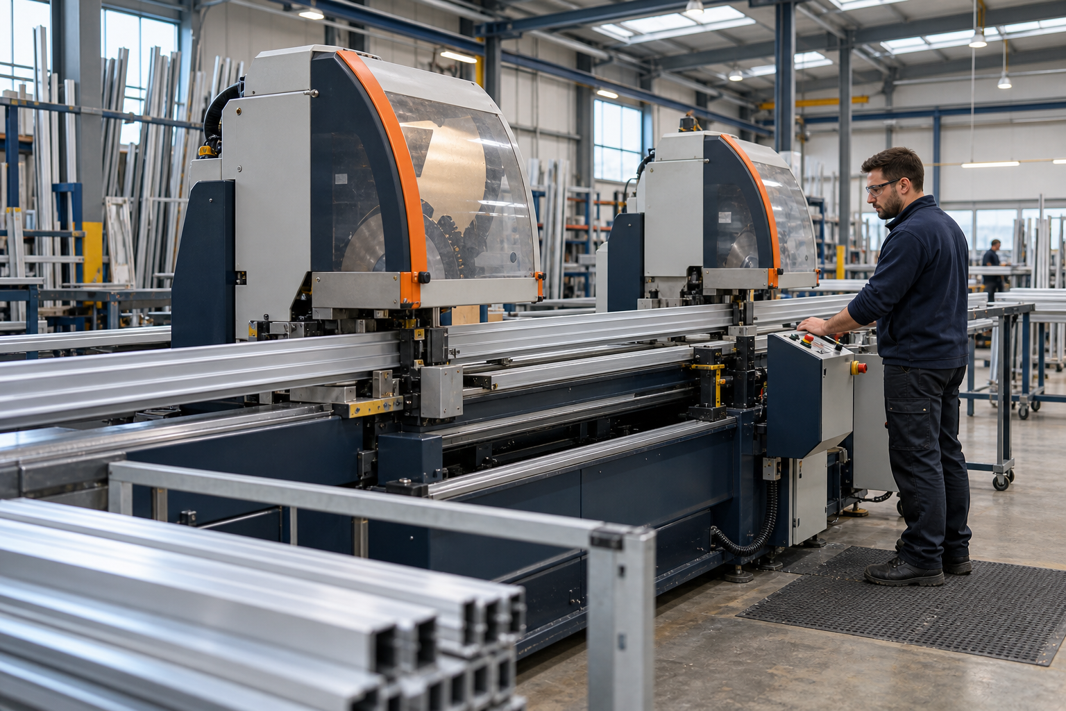 Illustrative production scene showing aluminium profiles being cut in a guarded workshop machine