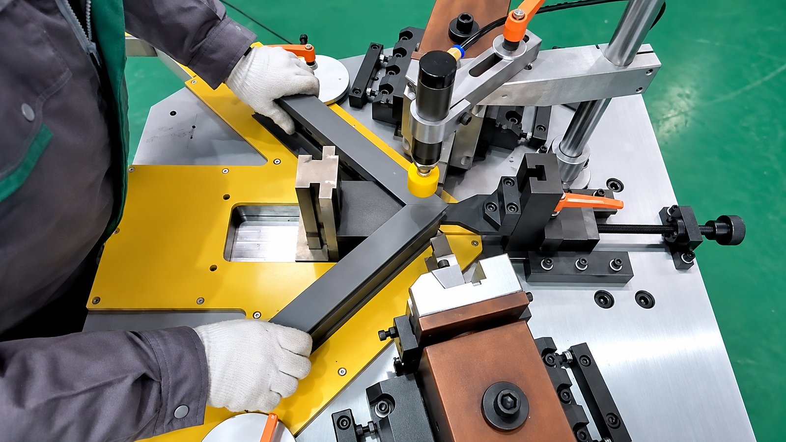 Corner crimping machine joining aluminium window frame profiles during production