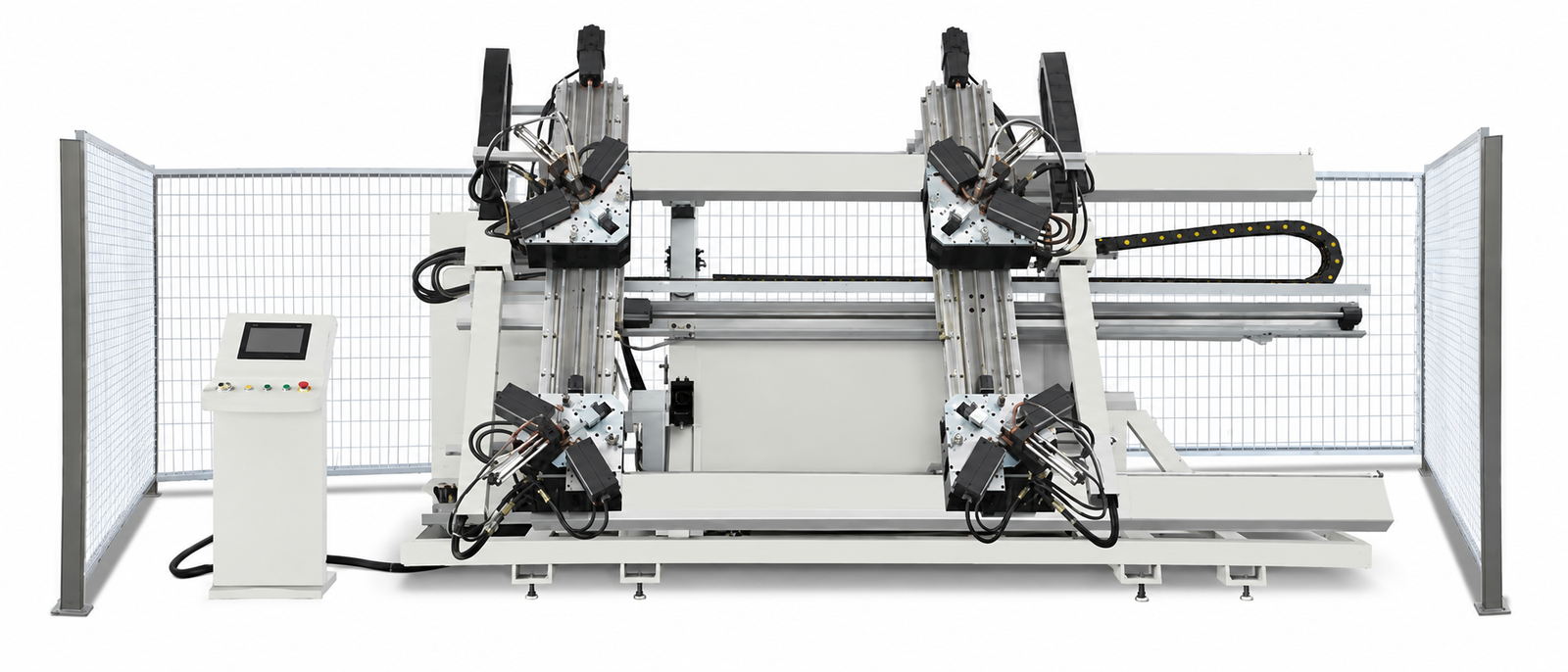 Four-position uPVC window frame welding machine on a clean white background